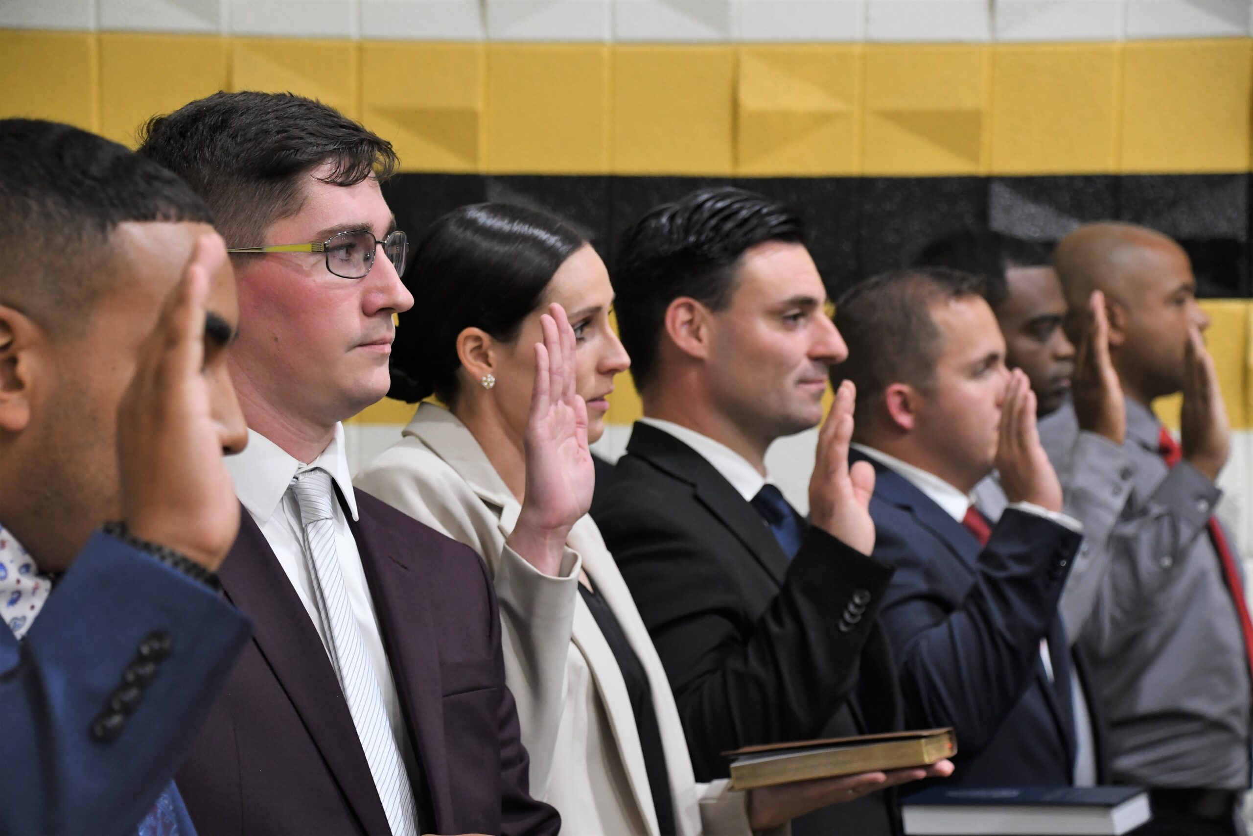 A row of people all facing right raise their right hands.