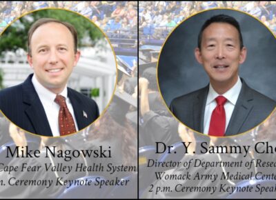 Graphic depicting head-and-shoulders photos of two men in suits on a background of graduates.