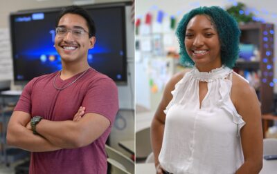 Split image with Luis Mancilla, a 17-year-old boy with dark hair and glasses smiling on the left side of the frame. On the right side of the frame is Shayla Battle, a 17-year-old girl with blue hair smiling with her hand on her hip.