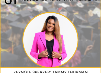 A graphic announcing Tammy Thurman as the keynote speaker for the 61st annual commencement exercises