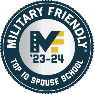 A circle logo that says Military Friendly Top 10 Spouse School