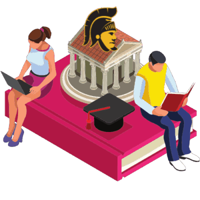 Clipart of Campus Building With Two Students Reading On Top Of Book