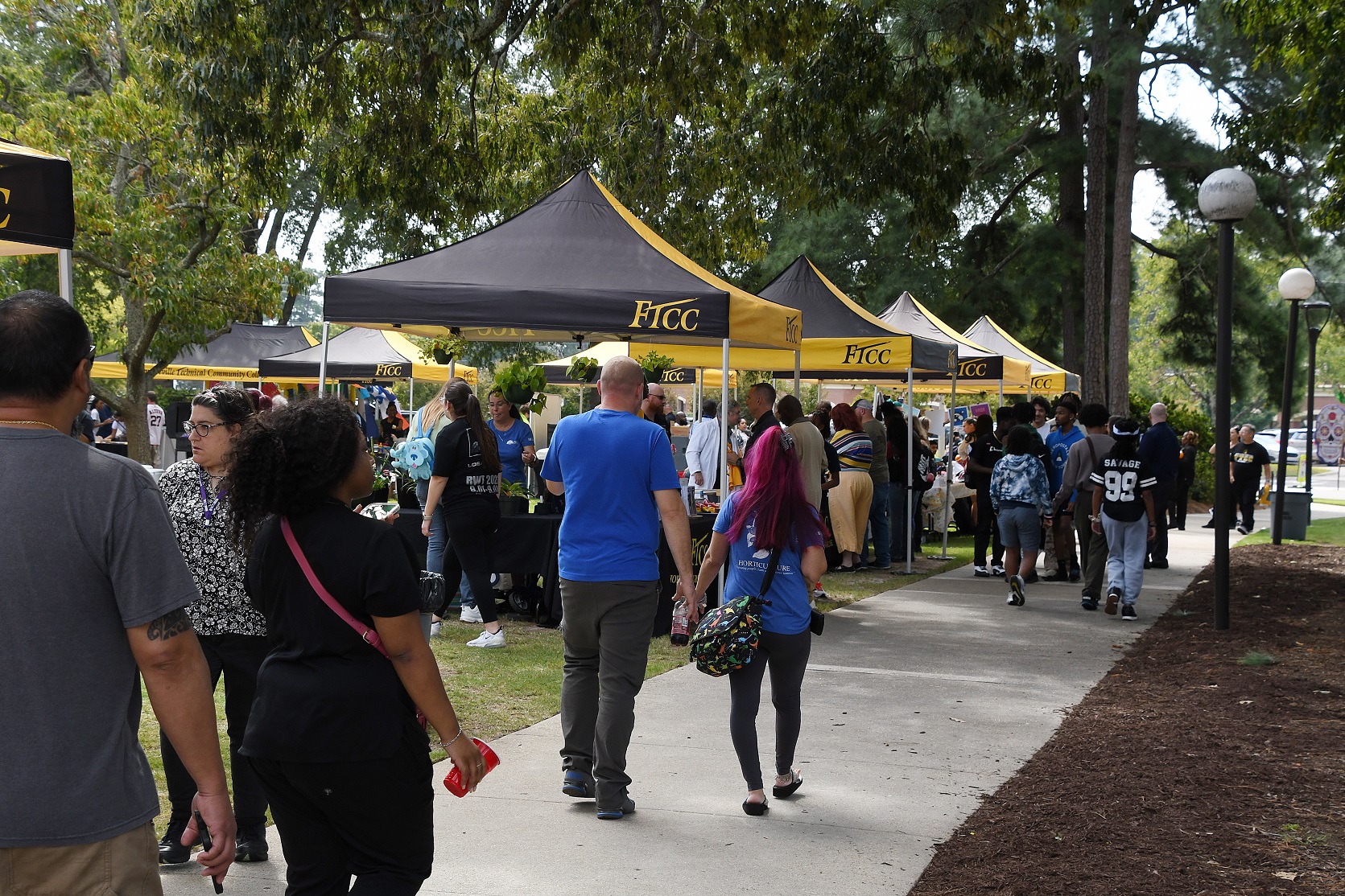 Festival attendees walk down the sidewalk in front of a row of canopies.